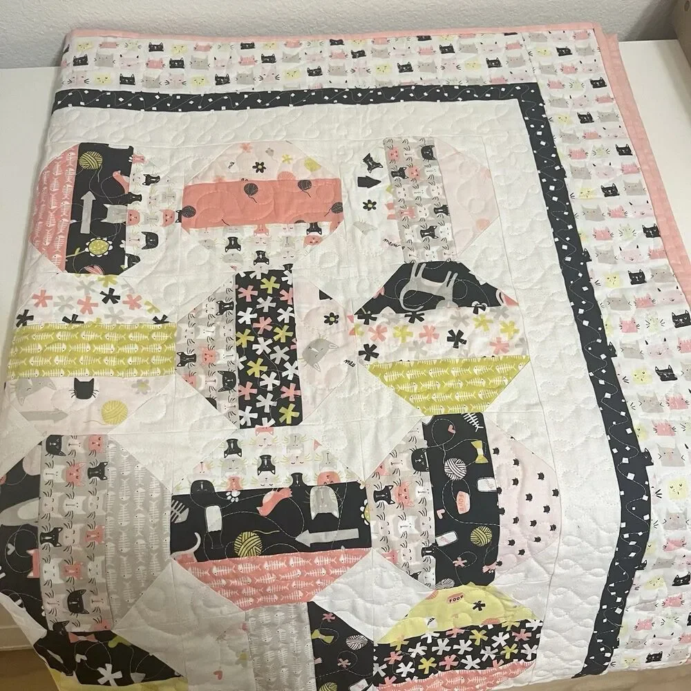 Handmade Cats and Camper Trailers Patchwork Quilt Blanket Pink